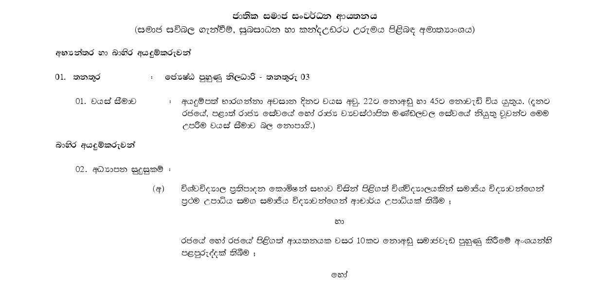 Senior Training Officer, Senior Research Officer, Lecturer, Assistant Librarian, English Instructor, Translator (Sinhala/English) - National Institute of Social Development